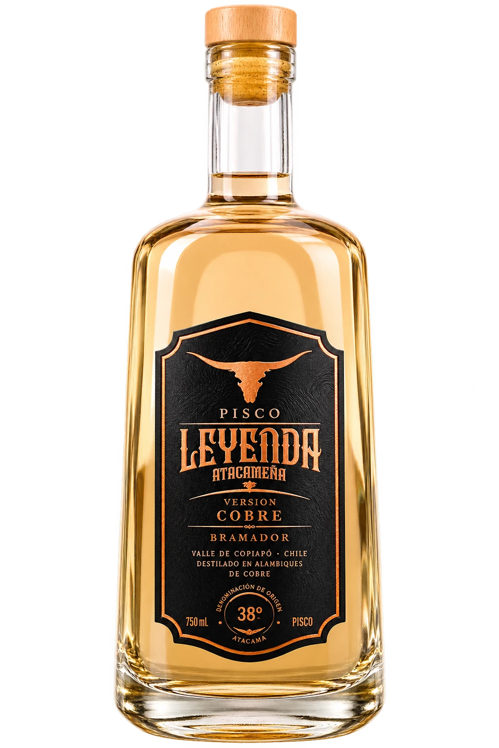 Presentación ilustrativa de Leyenda Cobre, etiqueta cobre y tapón de madera